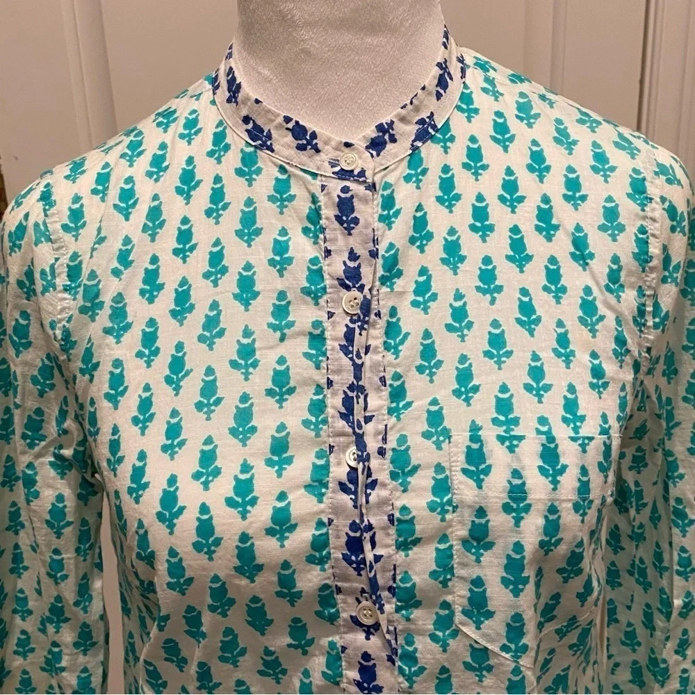 J. Crew White & Turquoise Thistle Print Popover Blouse 16279